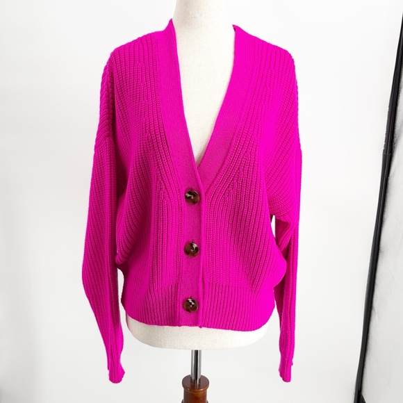 Maeve Anthropologie Sunny Cropped Cardigan Bright Pink Chunky Rib Knit Medium - Picture 2 of 8